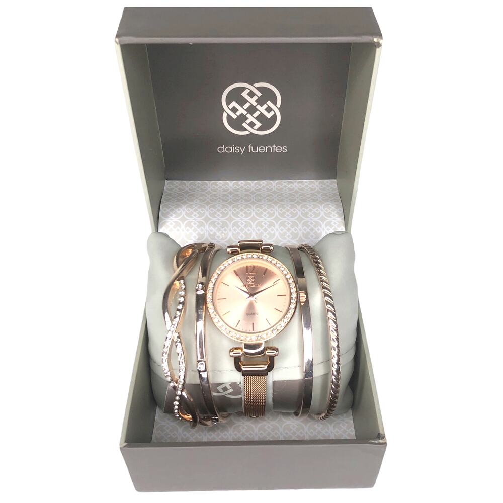 Daisy Fuentes Watch Bracelet Bangle Set Rose Gold Large Face Embellished NWT